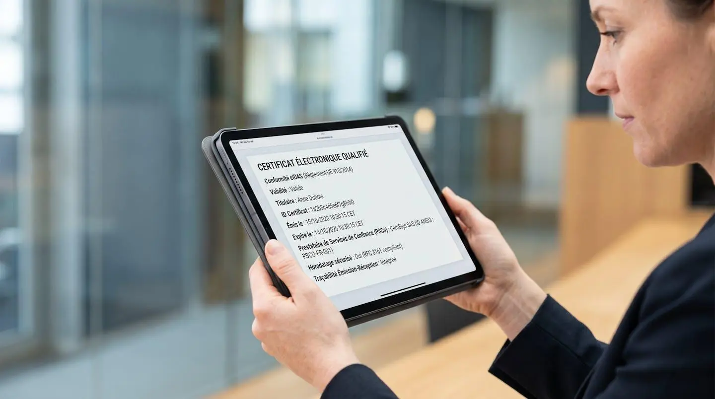 Gros plan sur tablette affichant les détails d'un certificat électronique qualifié eIDAS avec horodatage sécurisé et traçabilité de réception