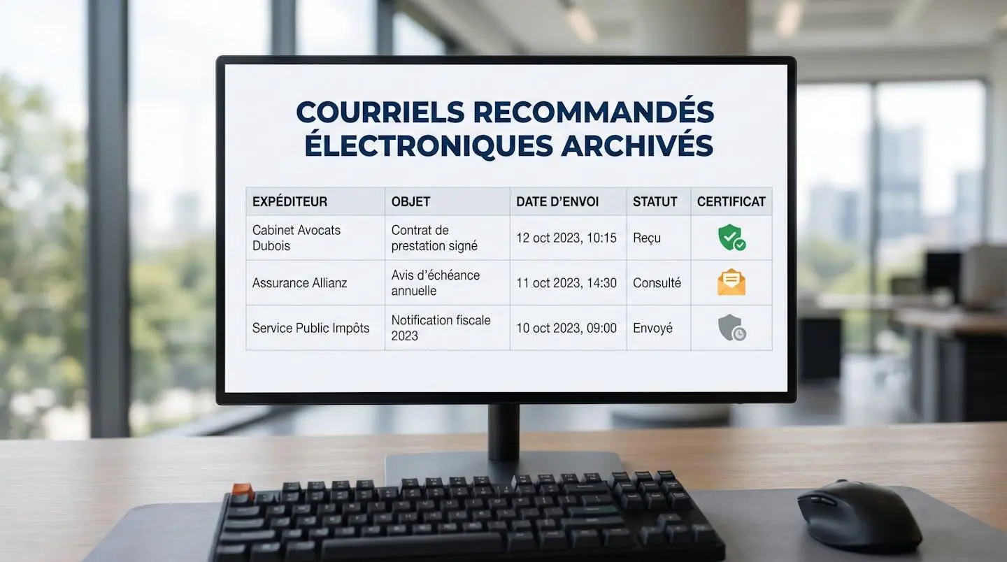 Interface d'archivage numérique sécurisé affichant liste chronologique de recommandés électroniques avec statuts de réception et certificats de preuve