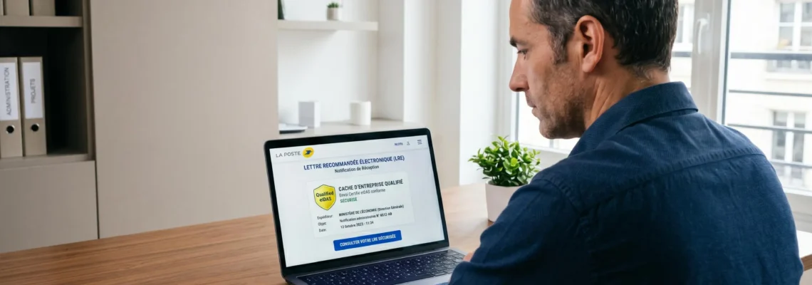 Responsable administratif consultant sur son écran une notification de recommandé électronique certifié eIDAS dans un bureau professionnel contemporain en France