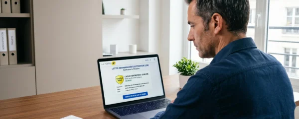 Responsable administratif consultant sur son écran une notification de recommandé électronique certifié eIDAS dans un bureau professionnel contemporain en France